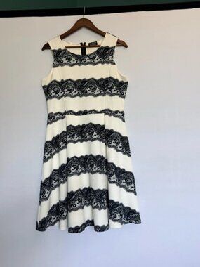 Stitch fix Cream and Black Lace-Stripe Fit & Flare Mini Dress